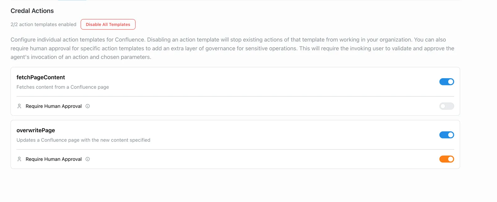 Action templates configuration panel