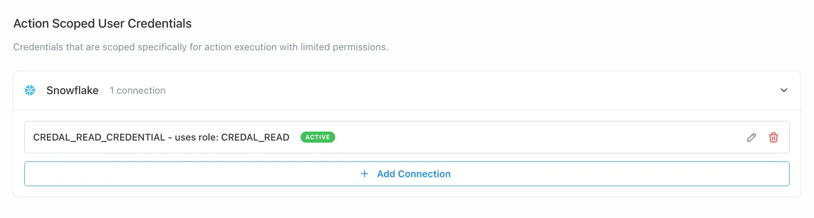 Form for adding a Snowflake credential with fields for subdomain, account identifier, username, private key, and SHA-256 fingerprint