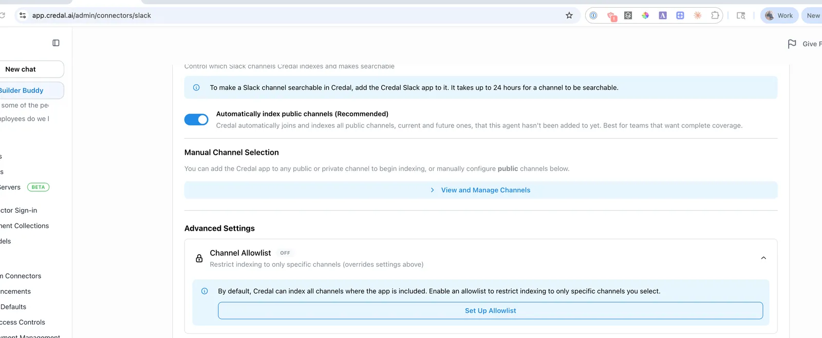 Slack channel allowlist management page in the Credal admin connector settings
