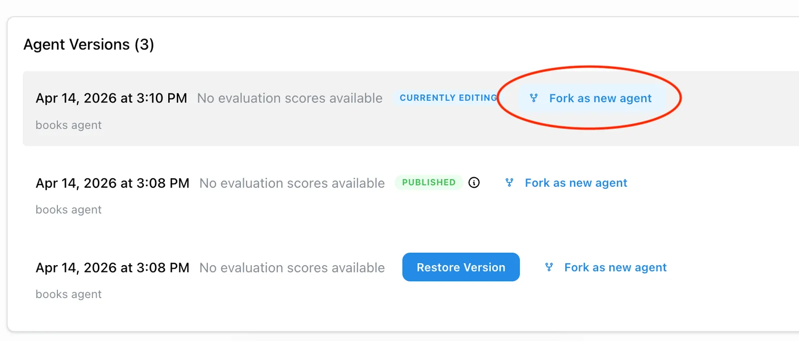 Fork as new agent button