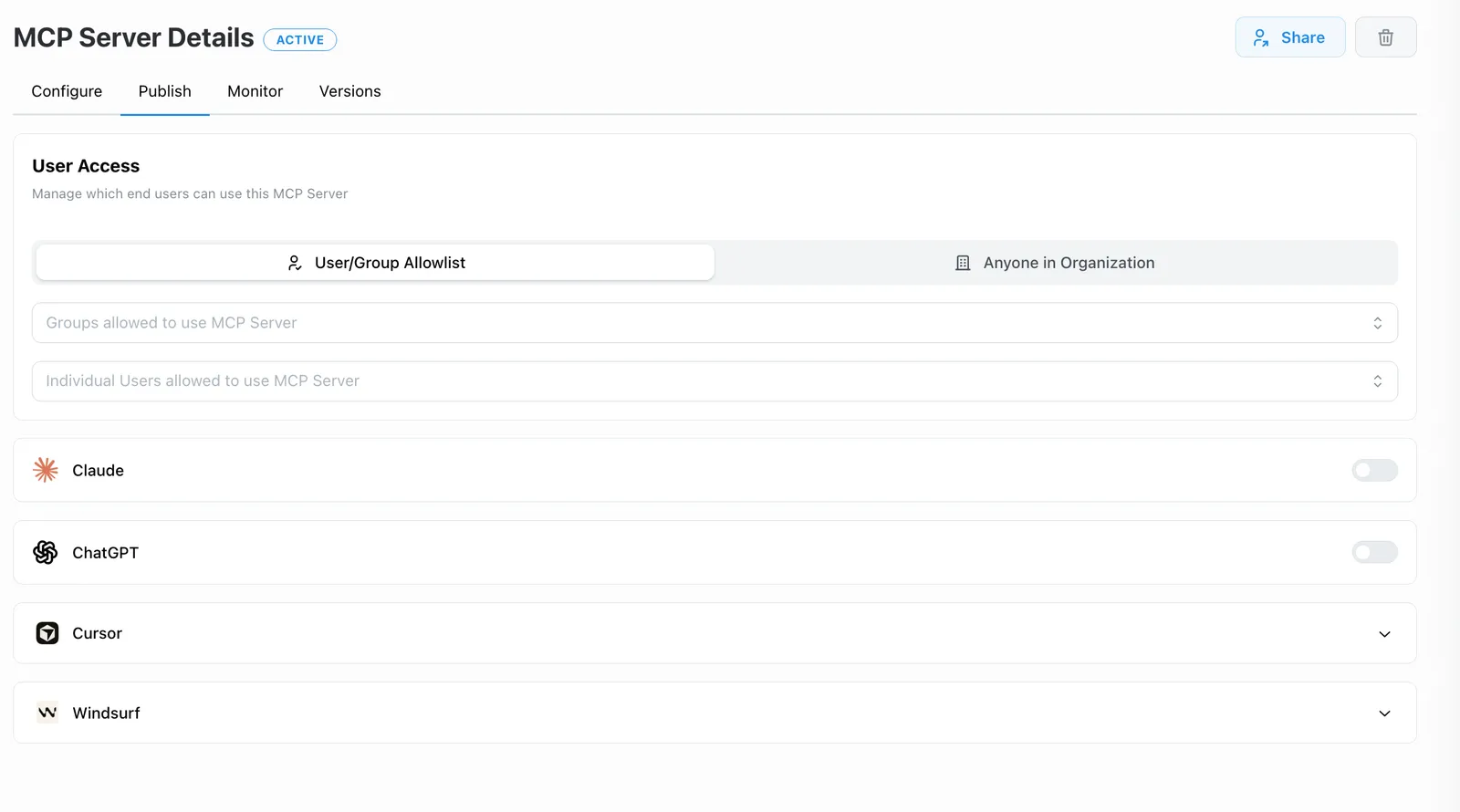 Publish tab of an MCP server showing the available deployment settings