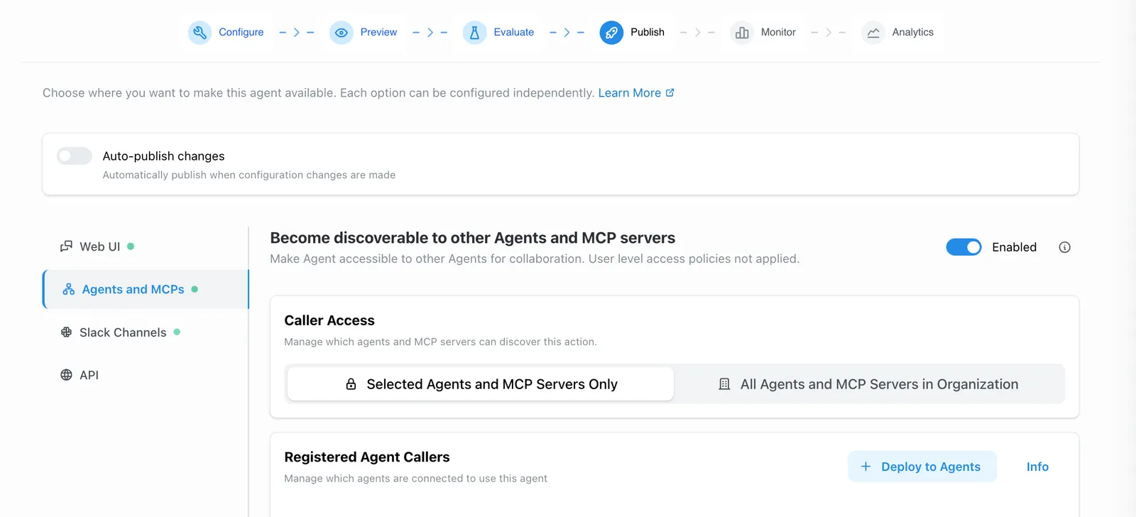 Callable toggle in the Agents and MCP Servers section of the Publish tab