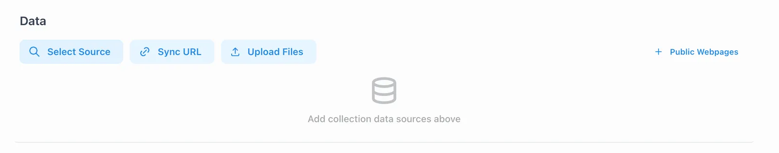 Data section with options to search existing sources, upload files, or add public webpages