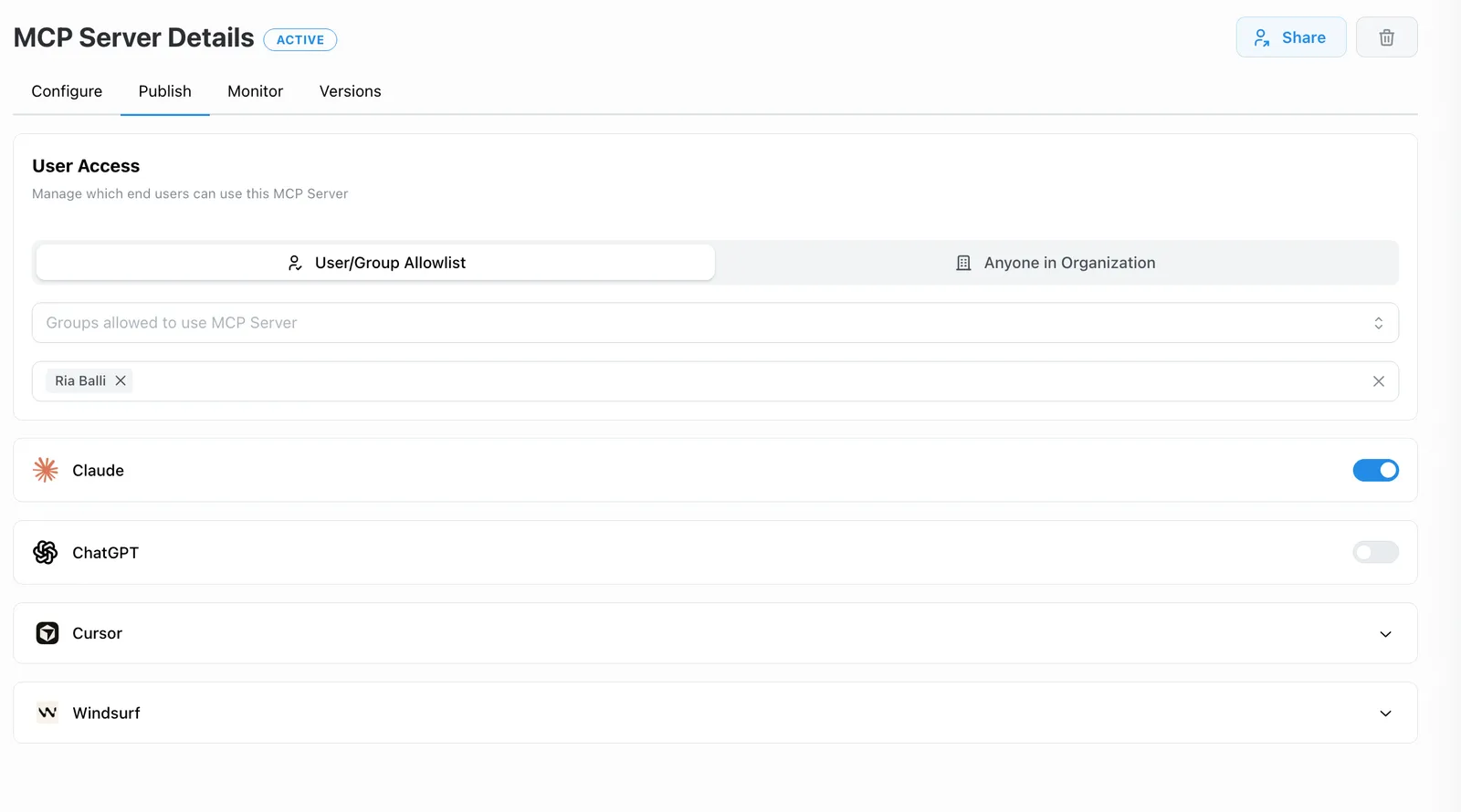 Publish settings with the allowlist scoped to just yourself for testing