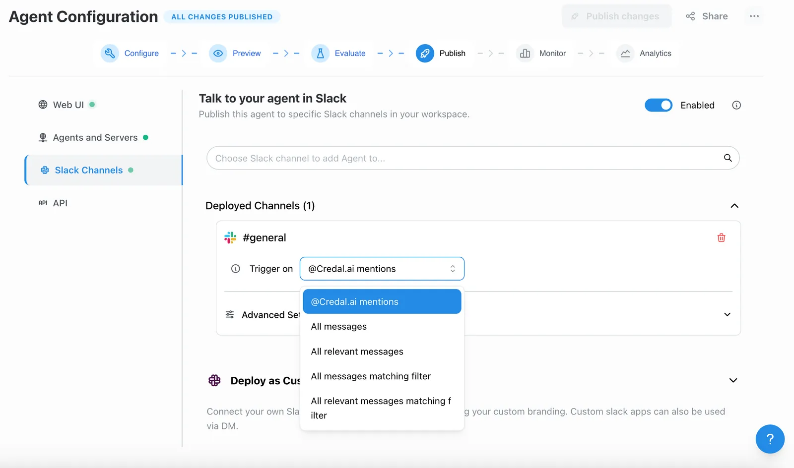 The Slack trigger dropdown with a filter matching messages containing a question mark