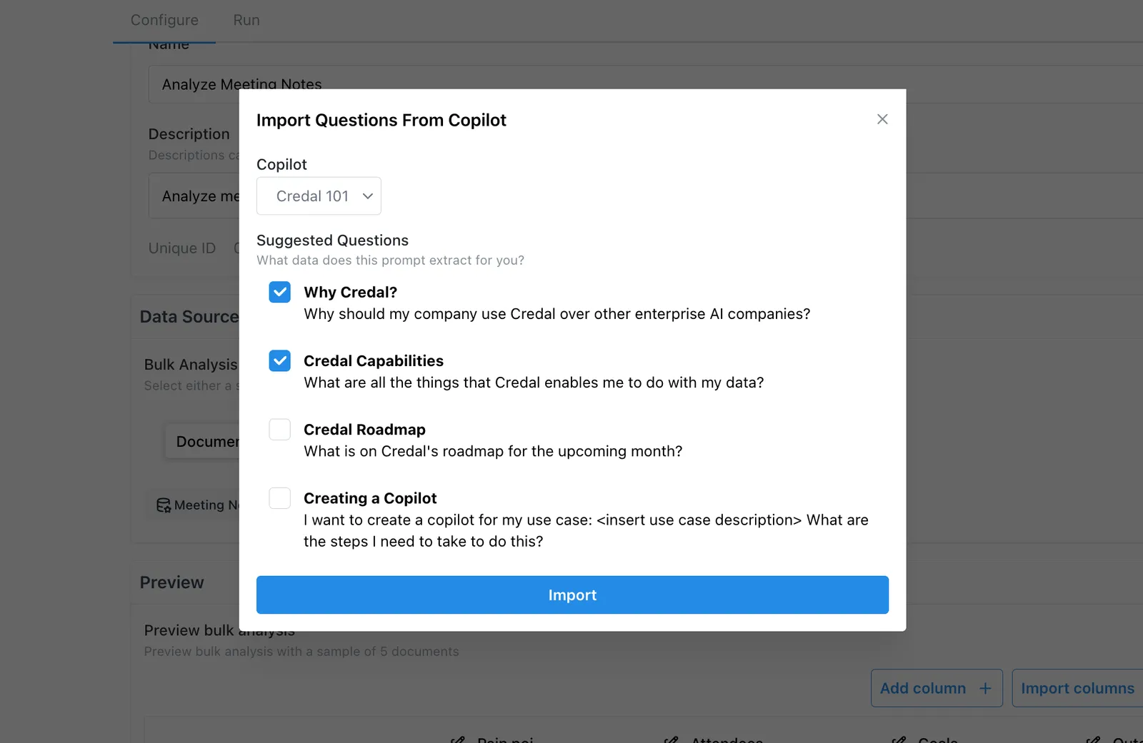 Import Columns dialog for choosing Suggested Questions from existing Agents