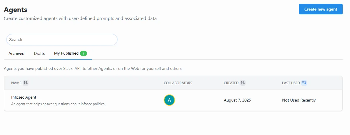 The Published section of the Agents tab listing created and shared agents