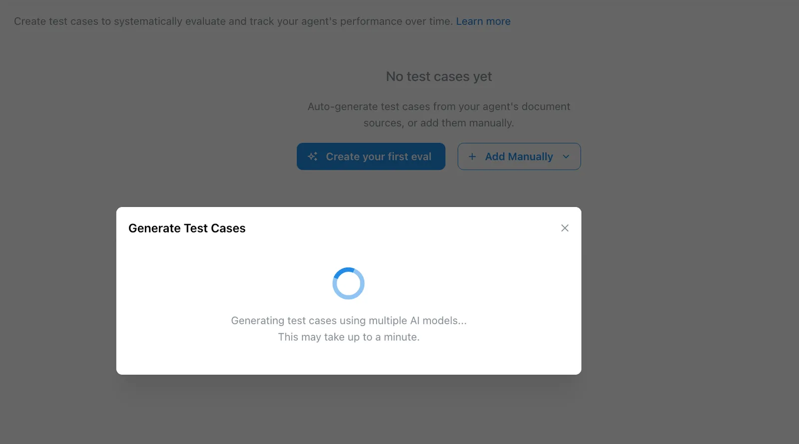 Loading state while AI models analyze the agent configuration and generate test cases