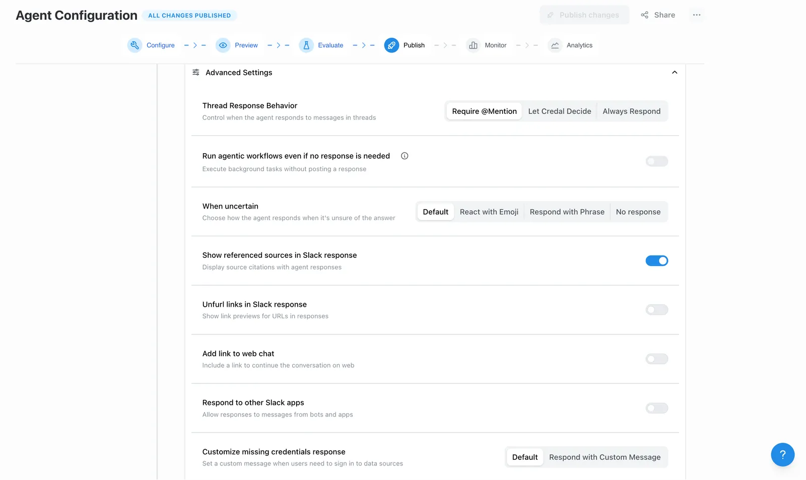 Advanced settings panel for an agent's Slack publishing options
