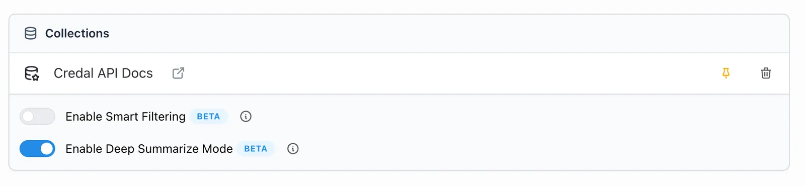Collection settings panel with the Enable Deep Summarize Mode toggle turned on