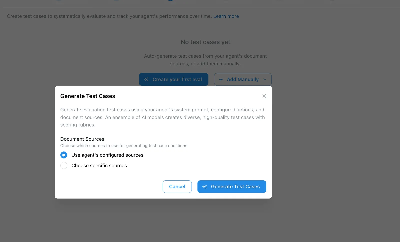 Generate Test Cases modal for AI-generated evaluation questions and rubrics