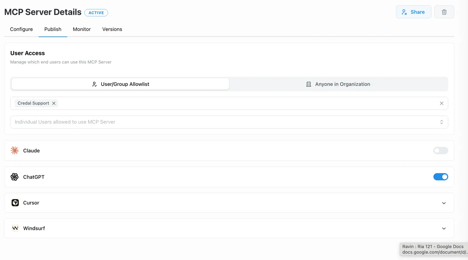 End-user allowlist scoping server visibility in ChatGPT to a single user group