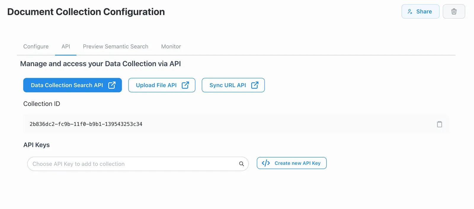 API tab showing the collection's unique ID and API key management