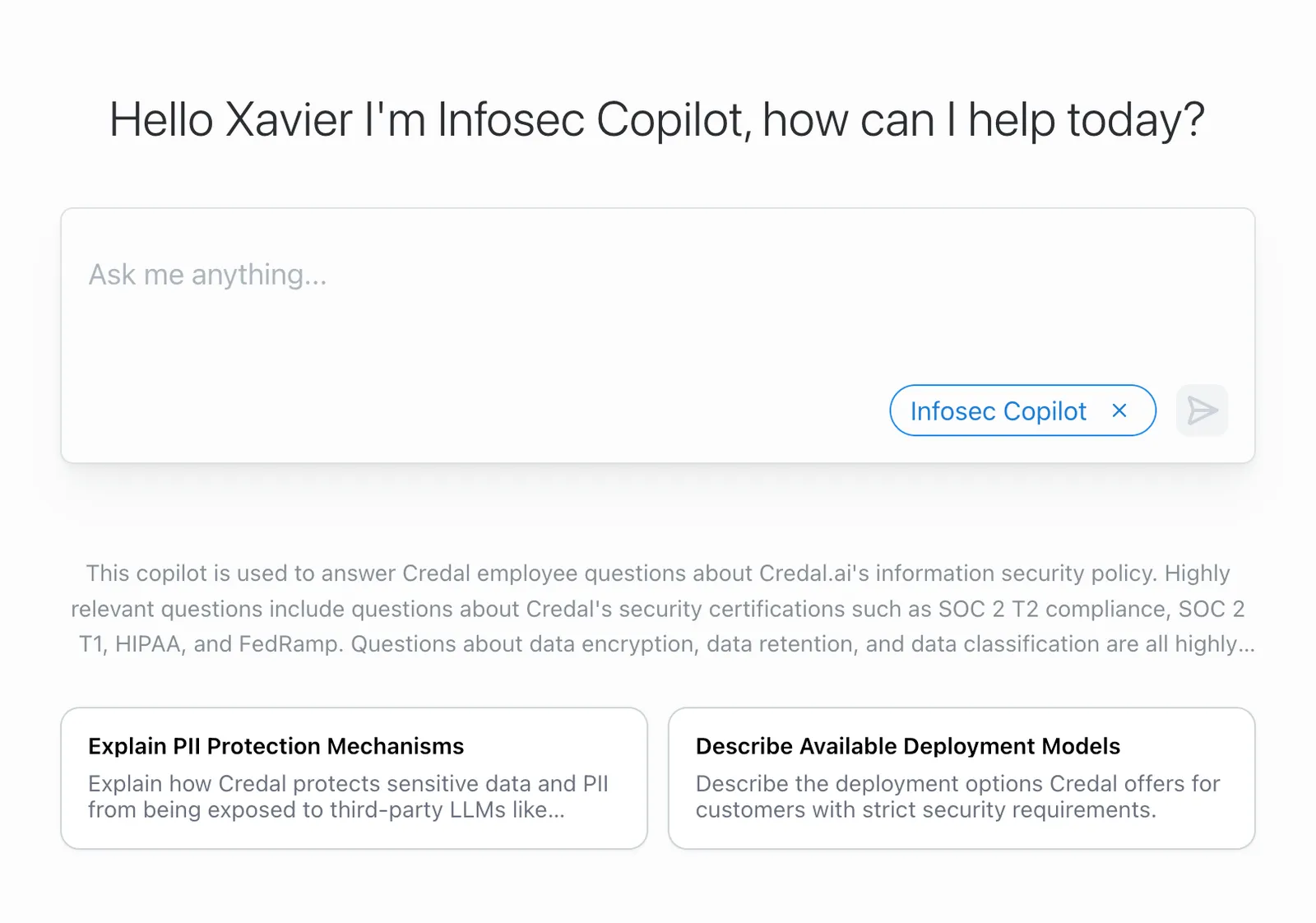 Suggested question cards displayed in the chat with the Enable Suggested Questions toggle on