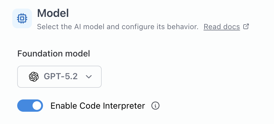 Agent configuration panel with the Code Interpreter option enabled
