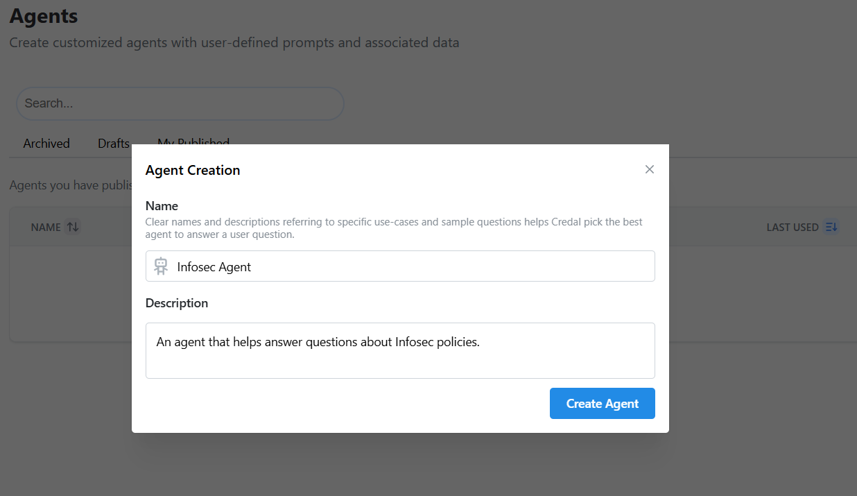 The agent creation form with Name and Description fields